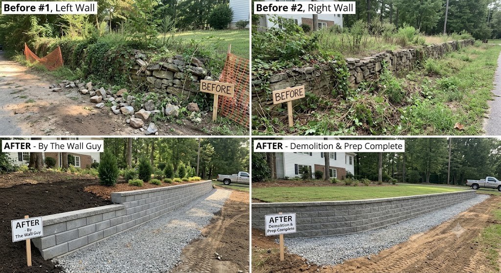 Four-panel before-and-after view of two failing stone walls replaced with new gray block retaining walls by The Wall Guy