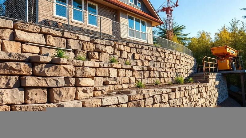 Before and after of a failing block retaining wall rebuilt by The Wall Guy in West Georgia