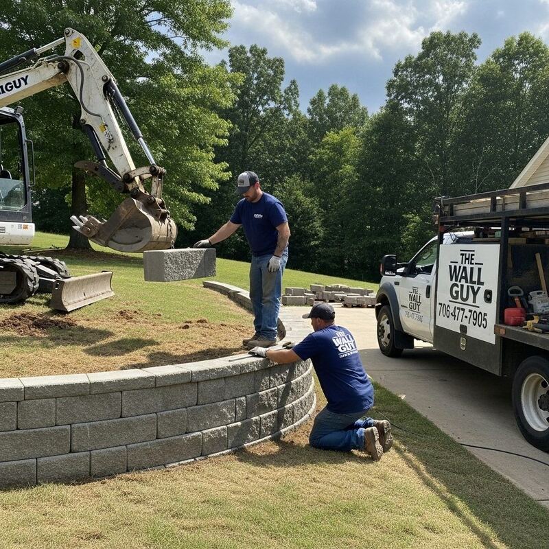 The Wall Guy crew building a block retaining wall on a Douglasville property