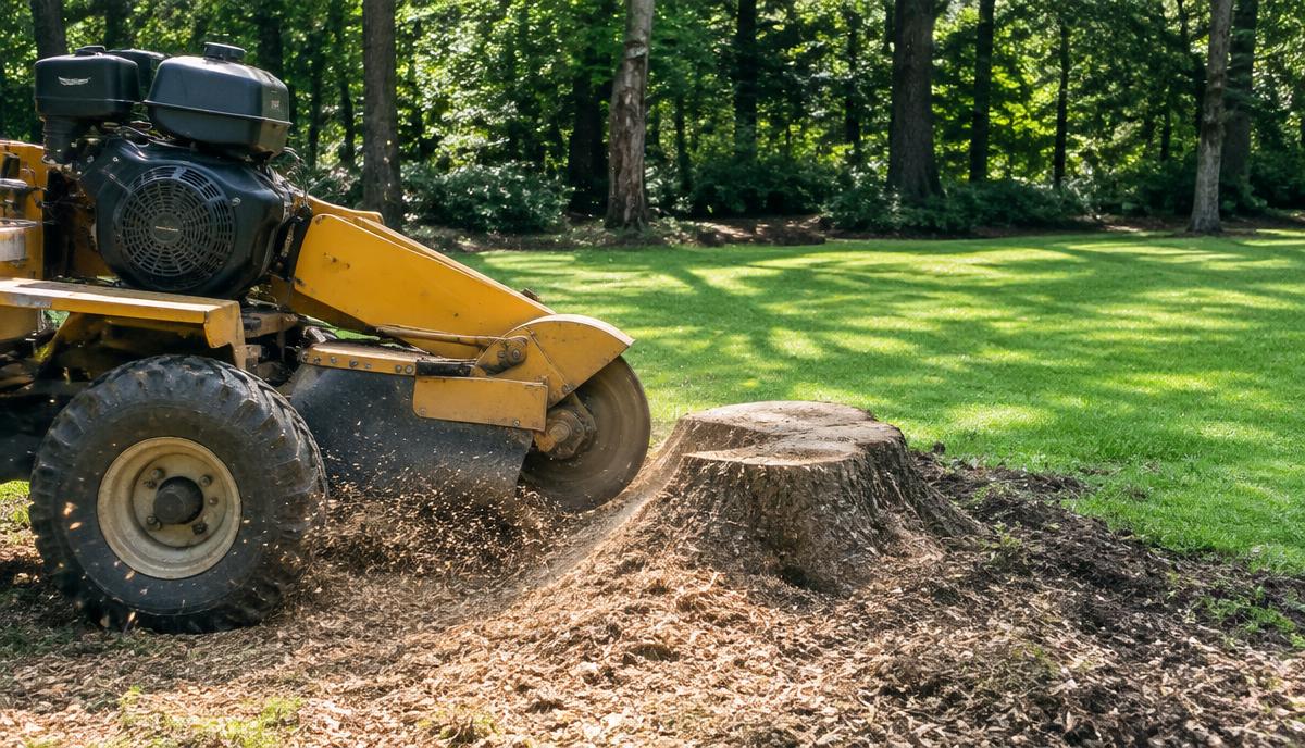Stump grinder grinding a tree stump below grade in a West Georgia backyard